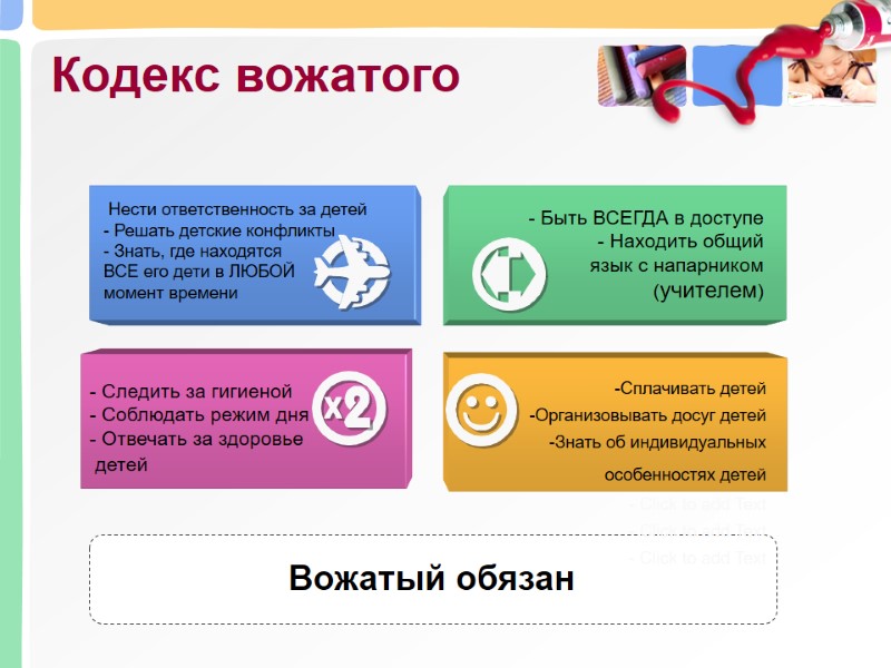 Кодекс вожатого  - Следить за гигиеной   Соблюдать режим дня  Отвечать